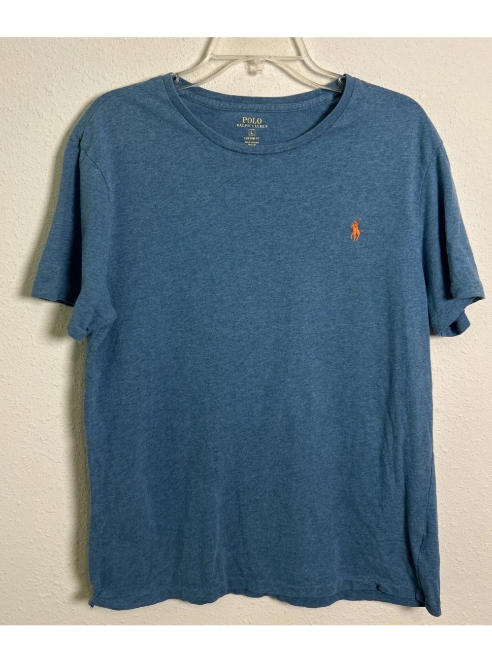 Polo Ralph Lauren Heather Blue Mens Lg Fitted T-Shirt Orange Embroidered Pony